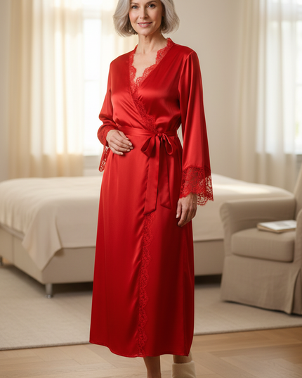 Bodenlange Morgenmäntel Damen leichte - roter Satin - Ansicht 1