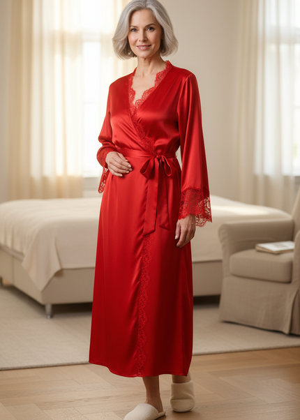 Bodenlange Morgenmäntel Damen leichte - roter Satin - Ansicht 1