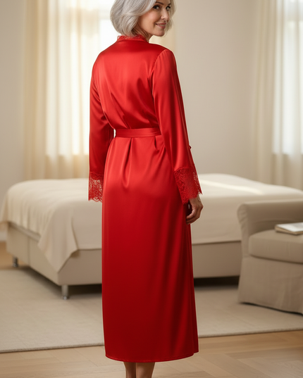 Bodenlange Morgenmäntel Damen leichte - roter Satin - Ansicht 2