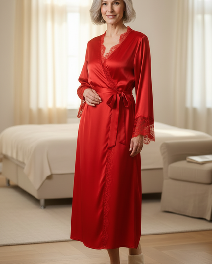 Bodenlange Morgenmäntel Damen leichte - roter Satin - Ansicht 3