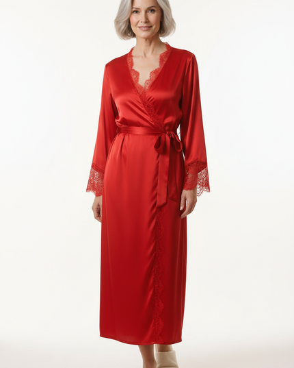 Bodenlange Morgenmäntel Damen leichte - roter Satin - Ansicht 5