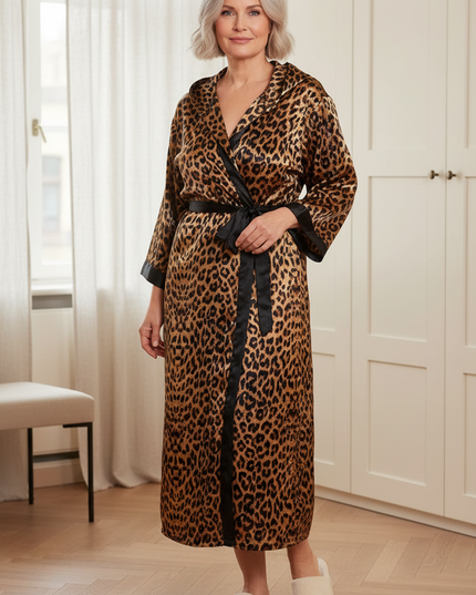 Bodenlanger Satin-Morgenmantel Damen lang im Leopardenmuster - Ansicht 1