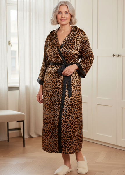 Bodenlanger Satin-Morgenmantel Damen lang im Leopardenmuster - Ansicht 1