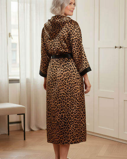 Bodenlanger Satin-Morgenmantel Damen lang im Leopardenmuster - Ansicht 2