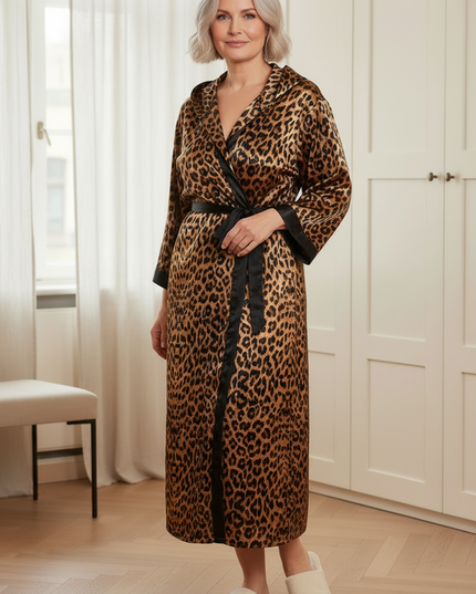 Bodenlanger Satin-Morgenmantel Damen lang im Leopardenmuster - Ansicht 3