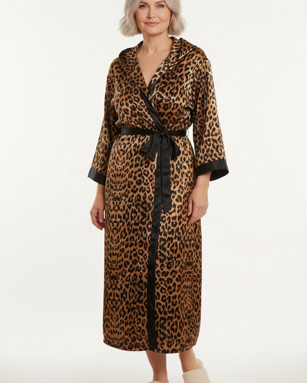 Bodenlanger Satin-Morgenmantel Damen lang im Leopardenmuster - Ansicht 5