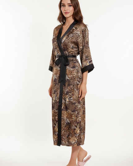 Braune Satin Morgenmantel Damen Lang mit Leopardenmuster - Ansicht 5