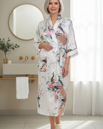 Dünner Kimono Morgenmantel Damen lang - weißer Satin - Ansicht 1