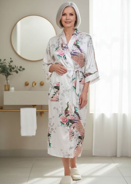 Dünner Kimono Morgenmantel Damen lang - weißer Satin - Ansicht 1