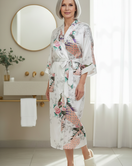 Dünner Kimono Morgenmantel Damen lang - weißer Satin - Ansicht 3