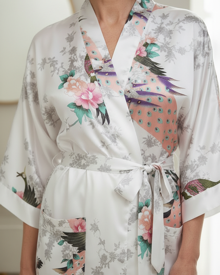 Dünner Kimono Morgenmantel Damen lang - weißer Satin - Ansicht 4