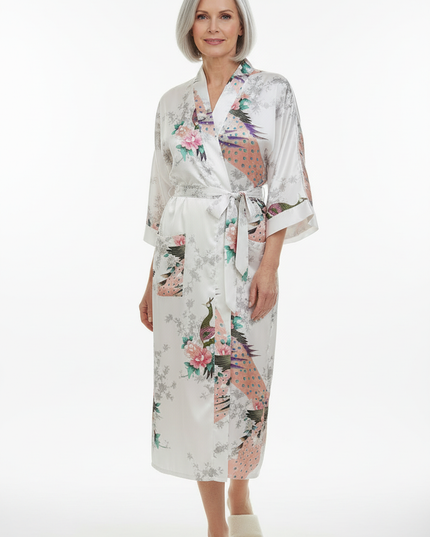 Dünner Kimono Morgenmantel Damen lang - weißer Satin - Ansicht 5