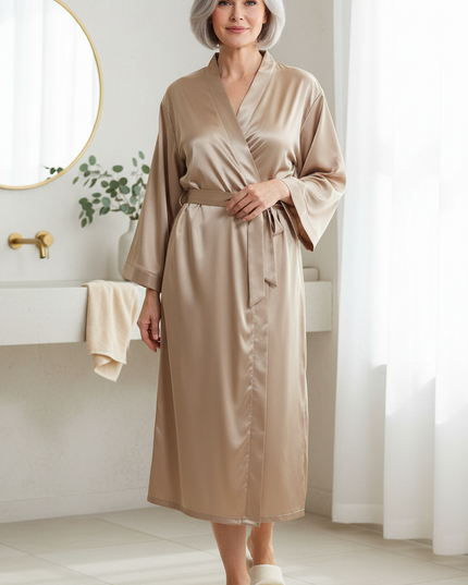 Dünner Satin Morgenmantel Damen Beige - Champagner - Ansicht 1