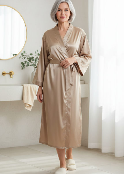 Dünner Satin Morgenmantel Damen Beige - Champagner - Ansicht 1