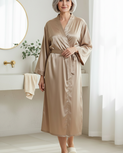 Dünner Satin Morgenmantel Damen Beige - Champagner - Ansicht 3