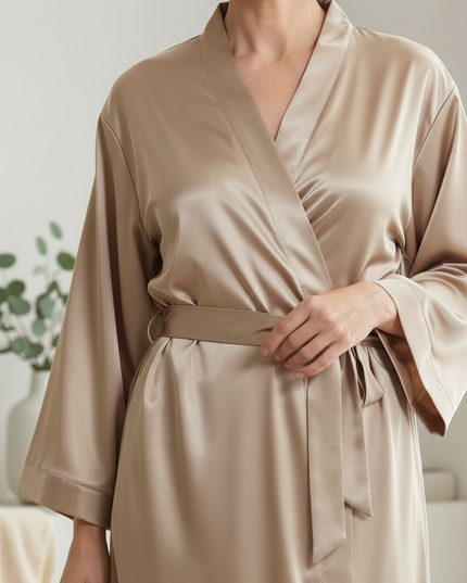 Dünner Satin Morgenmantel Damen Beige - Champagner - Ansicht 4