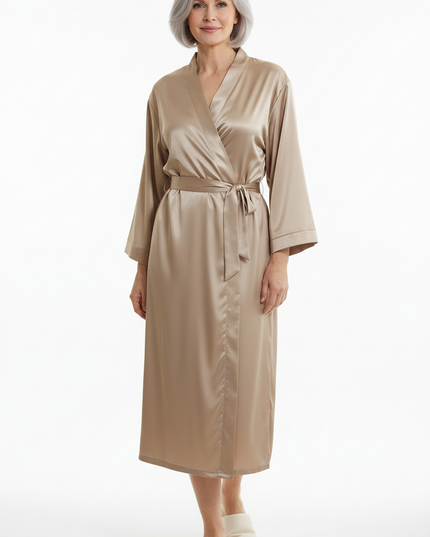 Dünner Satin Morgenmantel Damen Beige - Champagner - Ansicht 5