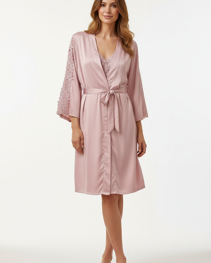 Edles Nachthemd mit Morgenmantel Damen - Altrosa Satin - Ansicht 5