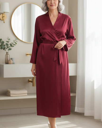 Eleganter Satin Morgenmantel Damen Langarm | weinrot - Ansicht 1