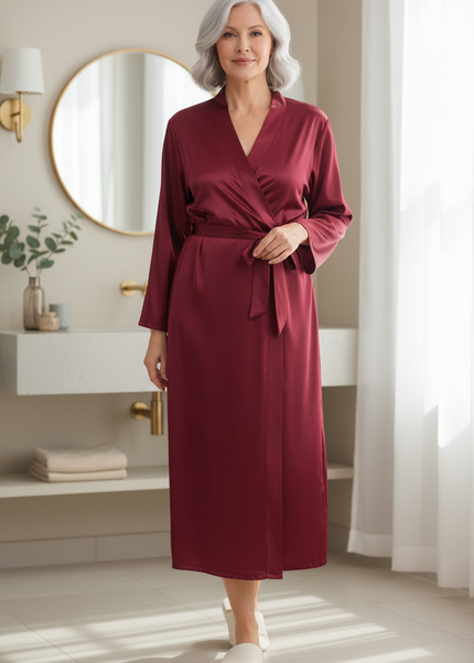 Eleganter Satin Morgenmantel Damen Langarm | weinrot - Ansicht 1
