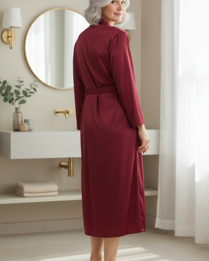 Eleganter Satin Morgenmantel Damen Langarm | weinrot - Ansicht 2