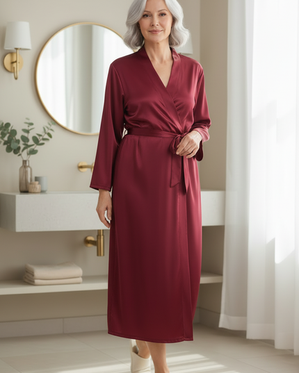 Eleganter Satin Morgenmantel Damen Langarm | weinrot - Ansicht 3