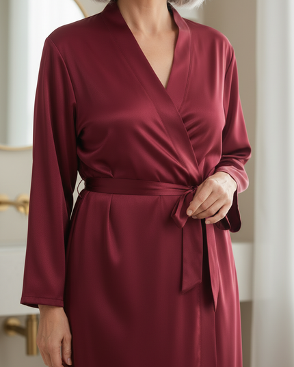 Eleganter Satin Morgenmantel Damen Langarm | weinrot - Ansicht 4