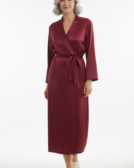 Eleganter Satin Morgenmantel Damen Langarm | weinrot - Ansicht 5