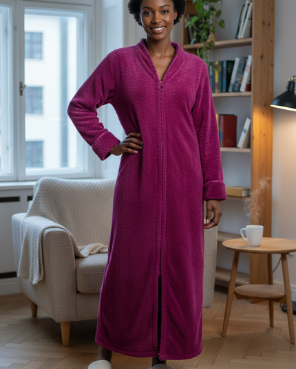Gestrickte kuscheliger Morgenmantel Damen lang in Magenta - Ansicht 1