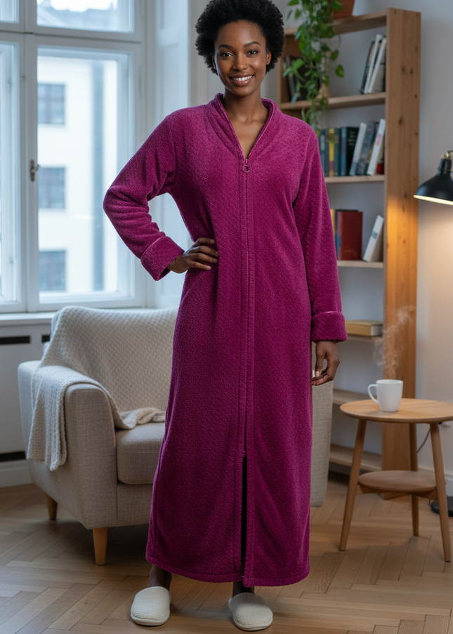 Gestrickte kuscheliger Morgenmantel Damen lang in Magenta - Ansicht 1