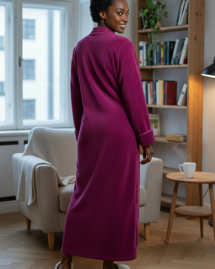 Gestrickte kuscheliger Morgenmantel Damen lang in Magenta - Ansicht 2