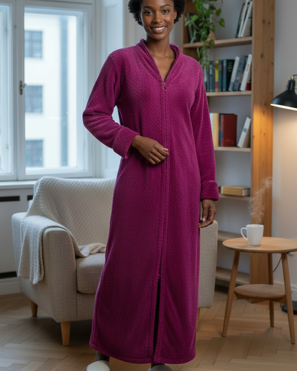 Gestrickte kuscheliger Morgenmantel Damen lang in Magenta - Ansicht 3
