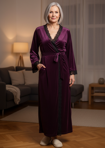 Hausmantel Damen Winter - lila Samt mit Spitze - Ansicht 1