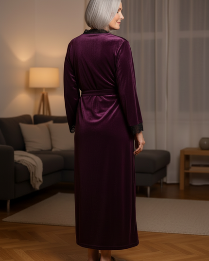 Hausmantel Damen Winter - lila Samt mit Spitze - Ansicht 2