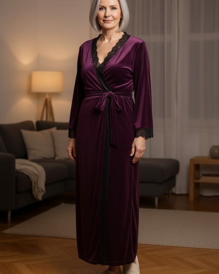 Hausmantel Damen Winter - lila Samt mit Spitze - Ansicht 3