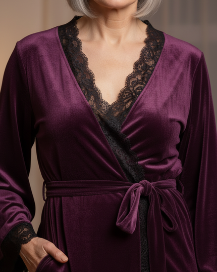 Hausmantel Damen Winter - lila Samt mit Spitze - Ansicht 4