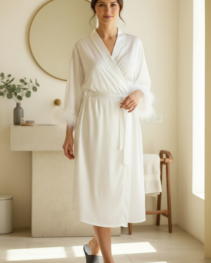 Hausmantel Viskose - weißer Satin mit Stickerei - Ansicht 3
