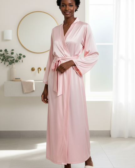 Herbst Satin Morgenmantel Damen lang | Rosa Morgenmantel - Ansicht 1