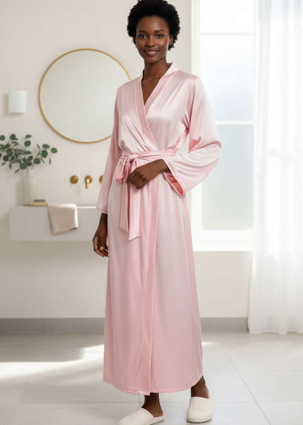 Herbst Satin Morgenmantel Damen lang | Rosa Morgenmantel - Ansicht 1