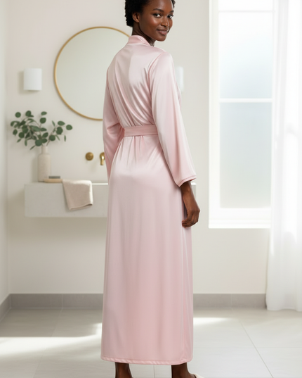 Herbst Satin Morgenmantel Damen lang | Rosa Morgenmantel - Ansicht 2