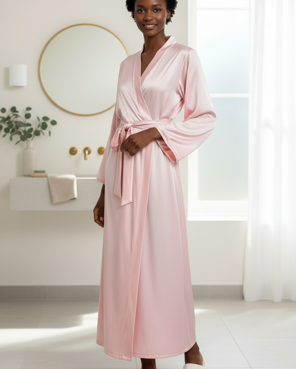 Herbst Satin Morgenmantel Damen lang | Rosa Morgenmantel - Ansicht 3