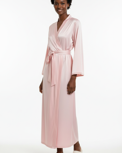 Herbst Satin Morgenmantel Damen lang | Rosa Morgenmantel - Ansicht 5