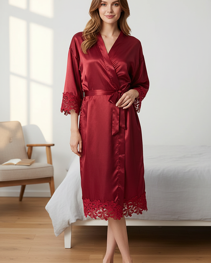 Kimono Morgenmantel Damen Bordeaux - mit Stickerei - Ansicht 1