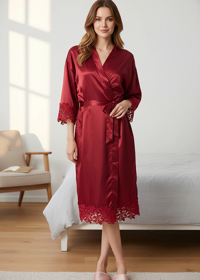 Kimono Morgenmantel Damen Bordeaux - mit Stickerei - Ansicht 1
