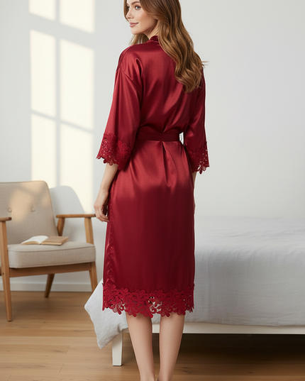 Kimono Morgenmantel Damen Bordeaux - mit Stickerei - Ansicht 2