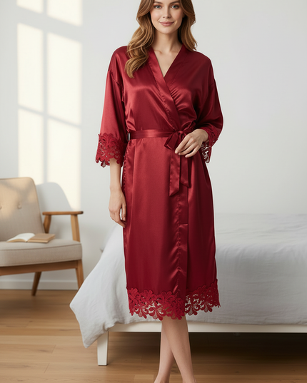Kimono Morgenmantel Damen Bordeaux - mit Stickerei - Ansicht 3