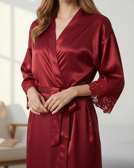 Kimono Morgenmantel Damen Bordeaux - mit Stickerei - Ansicht 4