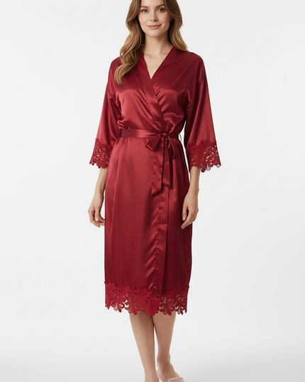 Kimono Morgenmantel Damen Bordeaux - mit Stickerei - Ansicht 5