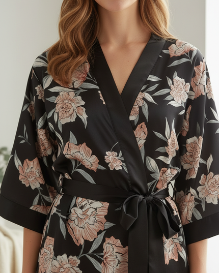 Kimono Morgenmantel Damen Kurz mit Blumendruck | Satin - Ansicht 4