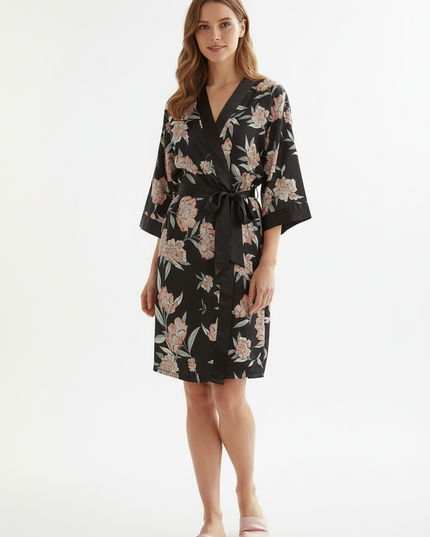 Kimono Morgenmantel Damen Kurz mit Blumendruck | Satin - Ansicht 5